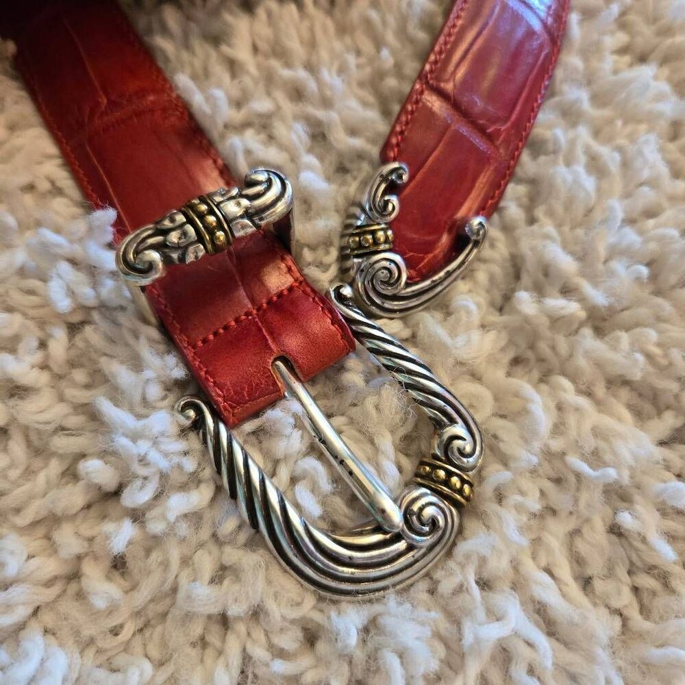 Brighton Red Leather Croc Embossed Belt Silver with Gold Accent Hardware Medium - Picture 6 of 6